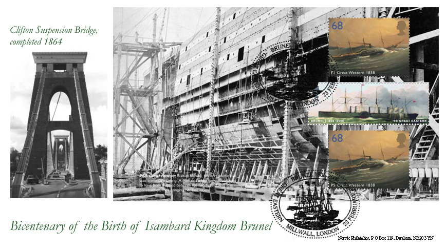 Norvic Philatelics Brunel Bicentenary first day cover showing the Clifton Suspension Bridge Bristol and Pane 3 from the Prestige Stamp book.