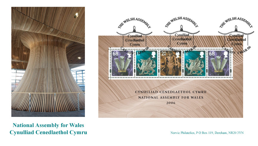 Norvic Philatelics first day cover for the miniature sheet issued to commemorate the opening of the Welsh Assembly Building 1 March 2006, with cover photograph by  Alex Kabinski.