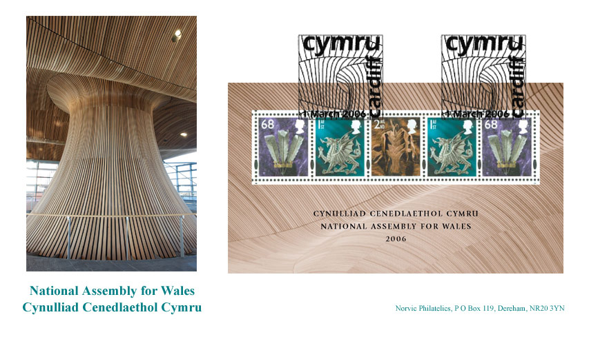 Norvic Philatelics first day cover for the miniature sheet issued to commemorate the opening of the Welsh Assembly Building 1 March 2006, with cover photograph by Alex Kabinski, and postmark showing the wood strip ceiling.