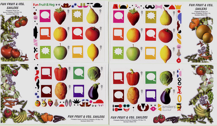 Norvic set of 4 first day covers for Fun Fruit & Veg Smilers stamp sheet
