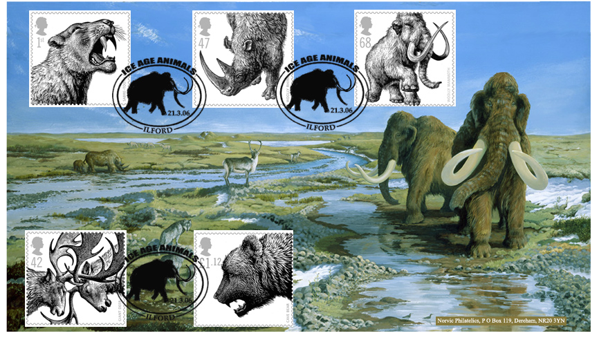 Norvic Philatelics exclusive first day cover for Ice Age Animals stamps issued 21 March 2006.