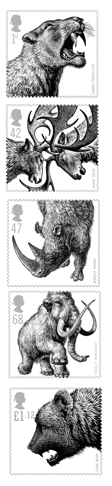 set of 5 stamps depicting ice age animals: giant deer, sabre tooth cat, wooly rhino, cave bear, woolly mammoth
