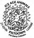 postmark showing chimp or early man in block of ice.
