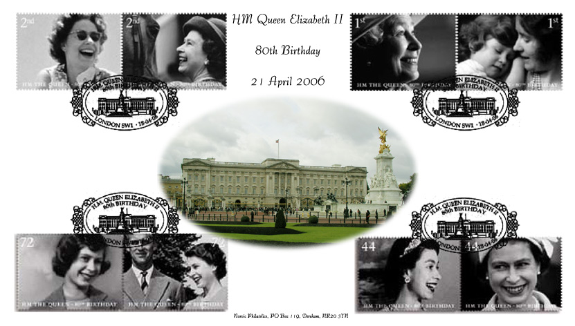 Norvic official first day cover for stamps issued to commemorate 80th birthday of Queen Elizabeth II 18 April 2006