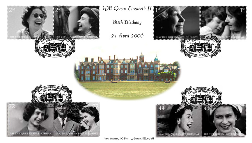 Norvic official first day cover for stamps issued to commemorate 80th birthday of Queen Elizabeth II 18 April 2006