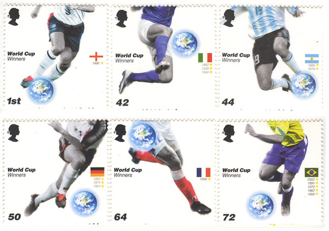 Set of 6 British stamps to celebrate the Football World Cup taking place in Germany June/July 2006.  <br>The stamps include the flags of England, Italy, France, Germany, Argentina and Brazil