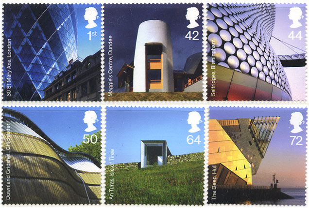 set of 6 stamps issued by Royal Mail 20 June 2006 for Architecture Week.  The stamps show contemporary buildings.