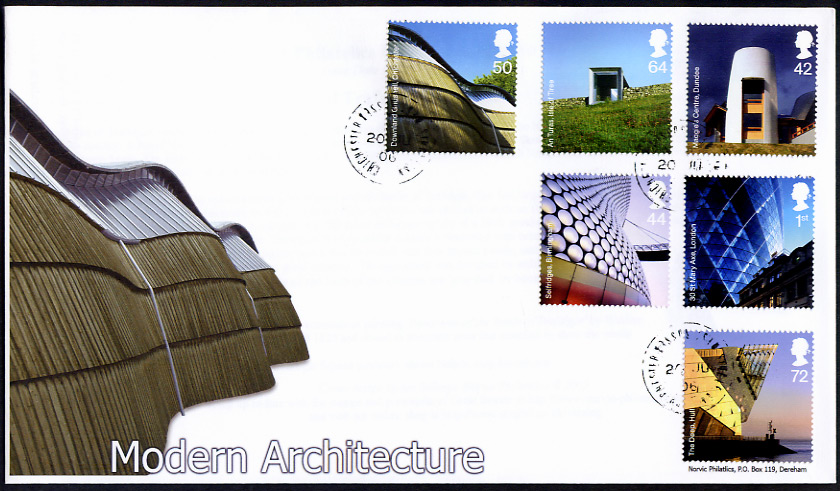 Norvic FDC for Modern Architecture stamp set issued 20 June 2006, showing the Dowland Gridshell at the Weald and Dowland Open Air Museum at Singleton.