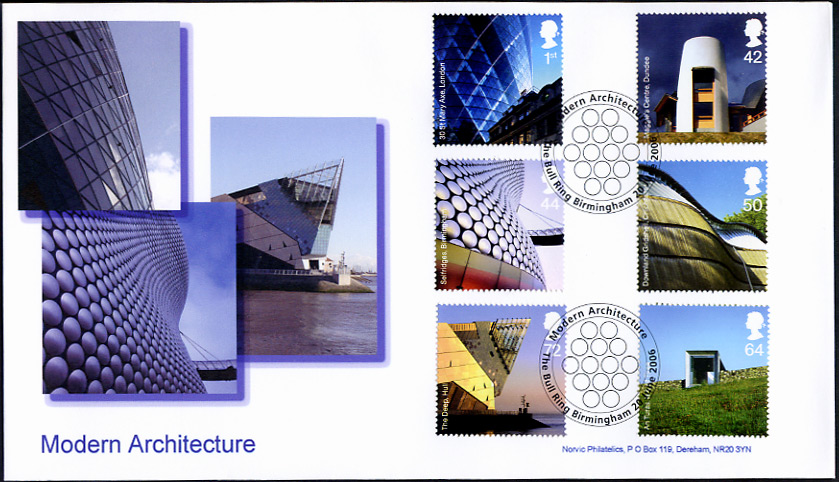 Norvic FDC for Modern Architecture stamp set issued 20 June 2006, showing the St Mary Axe London, Selfridge's Store Birmingham, and The Deep Visitor Centre Hull.