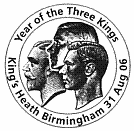 Birmingham postmark showing profiles of the Three Kings as they appeared on stamps and coins.