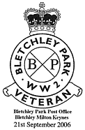 Postmark showing Bletchley Park Station X Veteran's Badge.