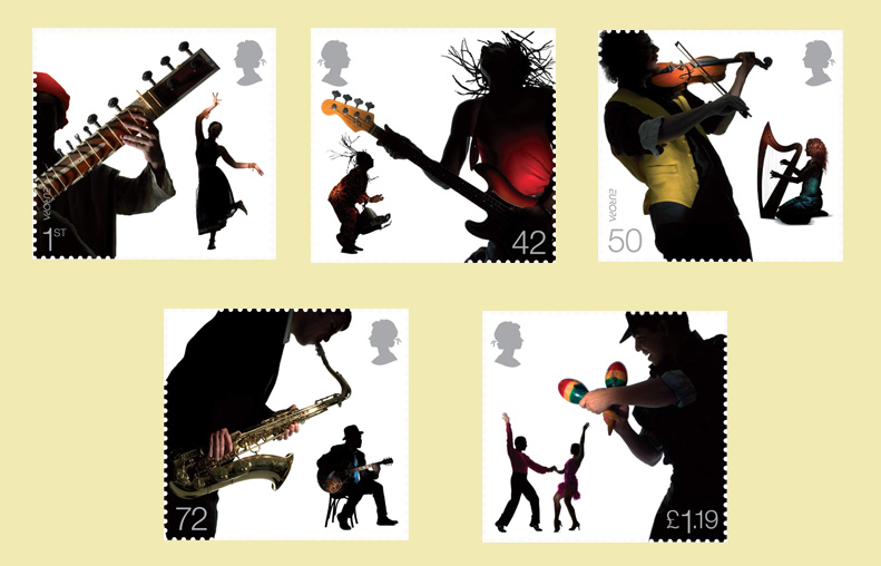 Set of 5 new Europa stamps in the subject Cultural Diversity: Sounds of Britain, showing Sitar, Bass player, Maracas, Fiddle, and Saxophone, American Blues singers.