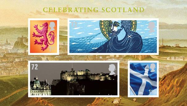 Miniature sheet of stamps Celebrating Scotland.