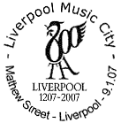 Liverpool music city postmark illustrated with logo of Liverpool 800.