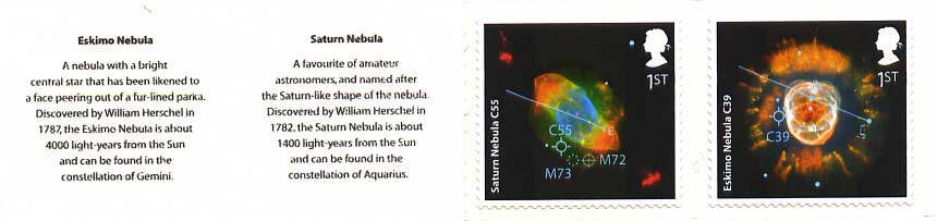 The Saturn Nebula and The Eskimo Nebula 1st class stamps to commemorate the 50th anniversary of BBC Television programme, The Sky at Night.