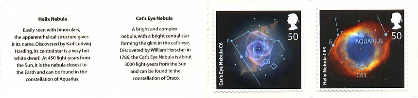 The Saturn Nebula and The Eskimo Nebula 1st class stamps to commemorate the 50th anniversary of BBC Television programme, The Sky at Night.