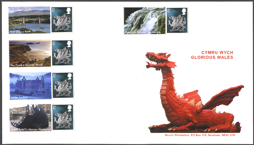 Norvic FDC for Glorious Wales Smilers stamp sheet issued 1 March 2007.