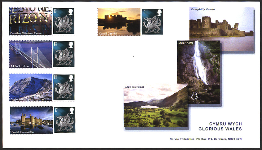 Norvic FDC for Glorious Wales Smilers stamp sheet issued 1 March 2007