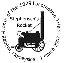 postmark showing Stephenson's rocket - locomotive.