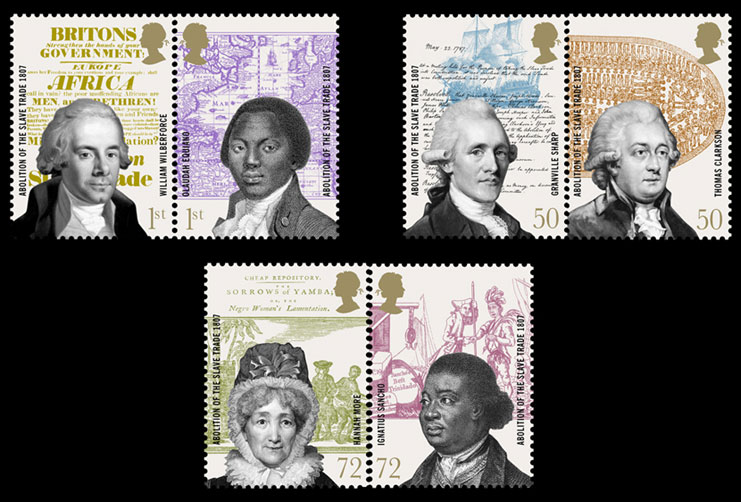 Set of 6 British stamps to commemorate the 150th anniversary of Slave Trade Act 1807.