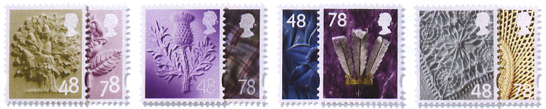 44p & 72p stamps for Scotland, Wales, Northern Ireland 
			and England