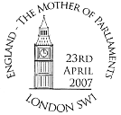 Postmark illustrated with Big Ben clock tower at Westminster.