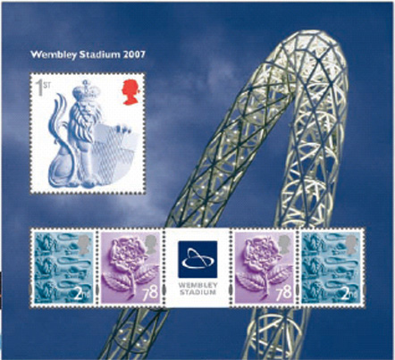 miniature sheet of five stamps commemorating the new Wembley Stadium.