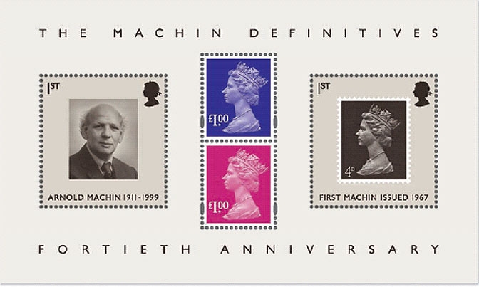 Miniature sheet to mark 40th anniversary of 1st Machin 			stamp.