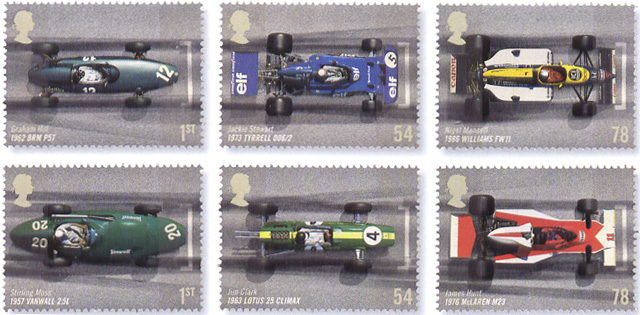 Set of 6 British stamps to showing motor racing grand prix cars.