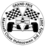 postmark showing racing car and crossed chequered flags.
