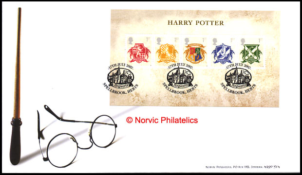 Norvic Philatelics first day cover for the mini-sheet of 5 Harry Potter stamps showing the crest of Hogwarts School and the houses, cancelled with the Spellbrook postmark.