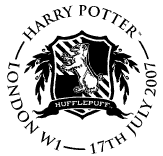 postmark showing badge of Hogwarts Hufflepuff House for Harry Potter stamps.