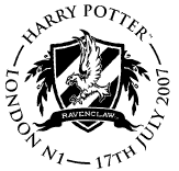 postmark showing badge of Hogwarts Ravenclaw House for Harry Potter stamps.