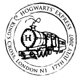 Postmark illustrated with Hogwarts Express steam train.