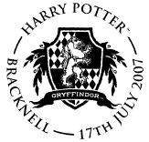 postmark showing badge of Hogwarts Gryffindor House for Harry Potter stamps.
