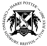 postmark showing badge of Hogwarts Slytherin House for Harry Potter stamps.