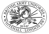Postmark showing military helmet and weapons.