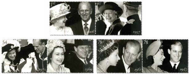 Set of 6 Royal Mail stamps issued to commemorate the diamond wedding anniversary of HM The Queen and HRH Prince Philup.