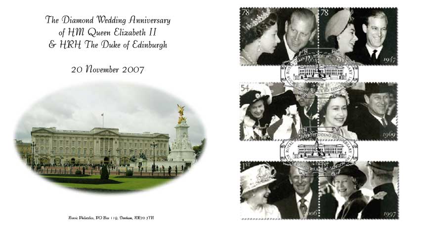 Norvic Philatelics first day cover for stamps issued 16 OCtober 2007 for the Queen's Diamond Wedding anniversary 20 November 2007.