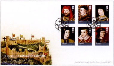 Royal Mail first day cover for Houses of Lancaster & York
stamps and miniature sheets.