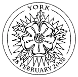 Postmark illustrated with white rose of York.
