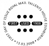 official first day of issue postmark for Rescue at Sea stamps 
	13 March 2008 showing dots & dashes.