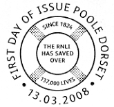 official Poole first day of issue postmark for Rescue at Sea stamps 	13 March 2008 showing a lifebelt.