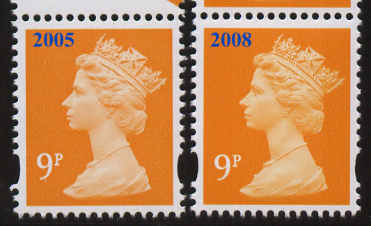 enlarged comparison of 2005 & 2008 9p definitives.