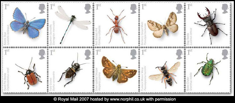 set of 10 insect stamps - Adonis Blue butterfly, Southern Damselfly, Red Barbed Ant, Barberry Carpet moth, Stag Beetle, Hazel Pot Beetle, Field Cricket, Silver-spotted Skipper, Purbeck Mason wasp, and Noble Chafer beetle.