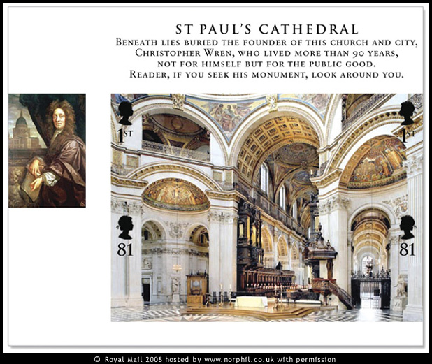 Royal Mail Miniature sheet of 1st class & 78p stamps showing the interior of St Paul's Cathedral with a picture of Sir Christopher Wren in the border.