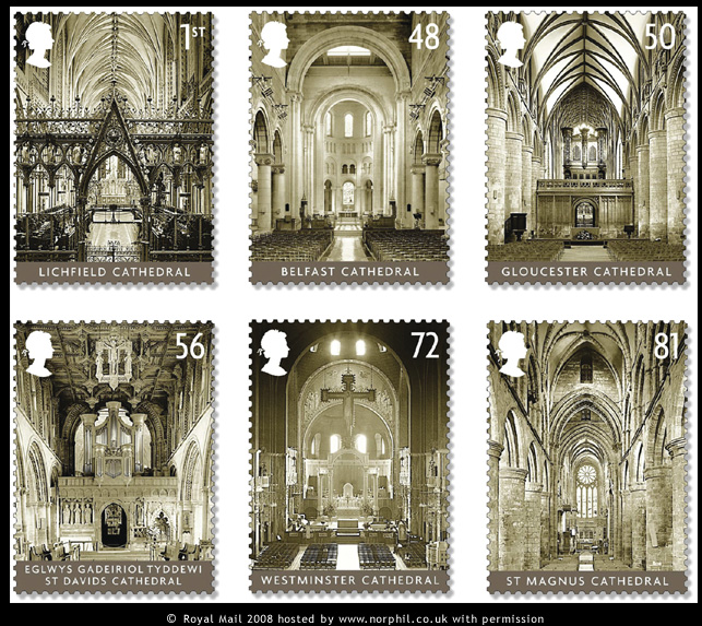 Set of 6 Royal Mail stamps showing the interior of 6 of Britain's cathedrals.