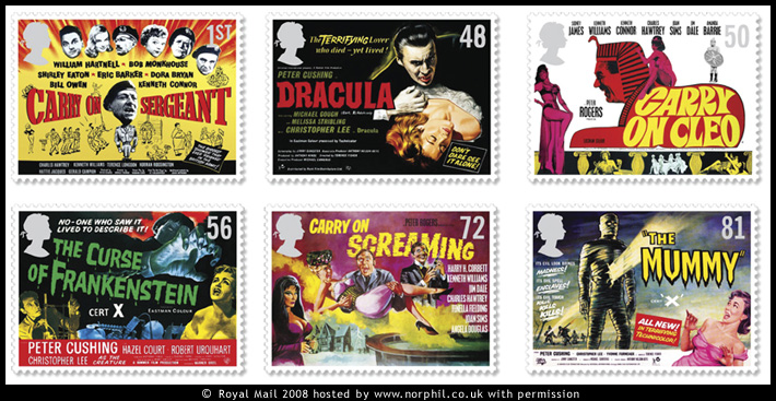 Set of 6 new British stamps showing classic film posters for Carry On and Hammer Films.