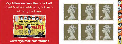royal mail stamp booklet with 'Carry on Collecting' advertisement for Classic Carry On and Hammer Horror film stamps.