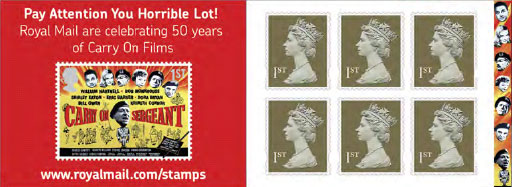 royal mail stamp booklet with 'Carry on Collecting' advertisement for 
Classic Carry On and Hammer Horror film stamps.